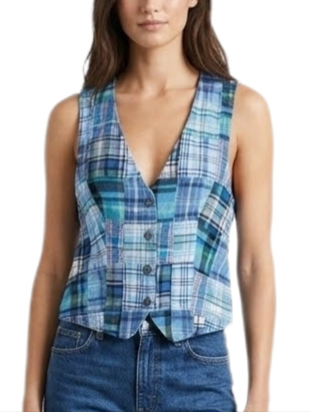 Sunny South Vest Patchwork Plaid 100% Sustainable Cotton Blue Size  6